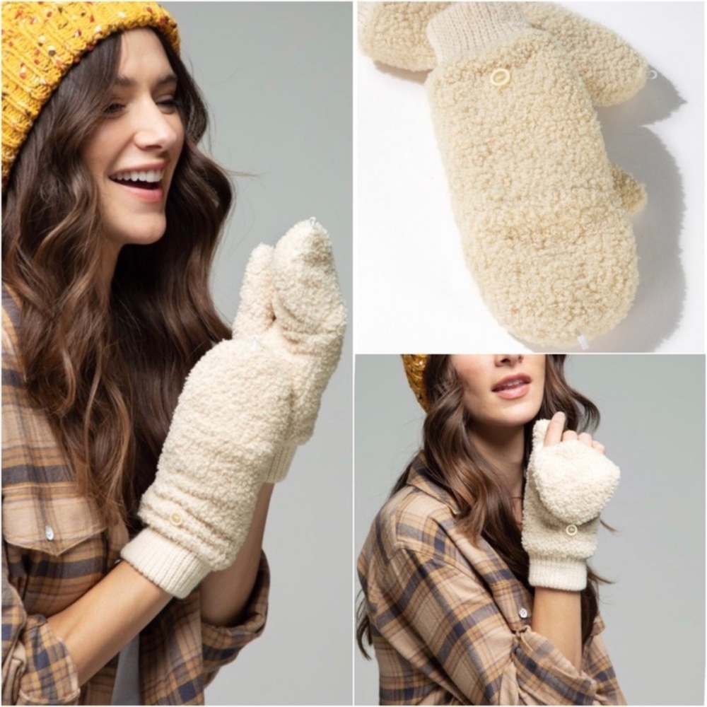 New Ivory Popup Button Open Soft Teddy Mitten Warm Winter Open Finger Mitten - Picture 3 of 3